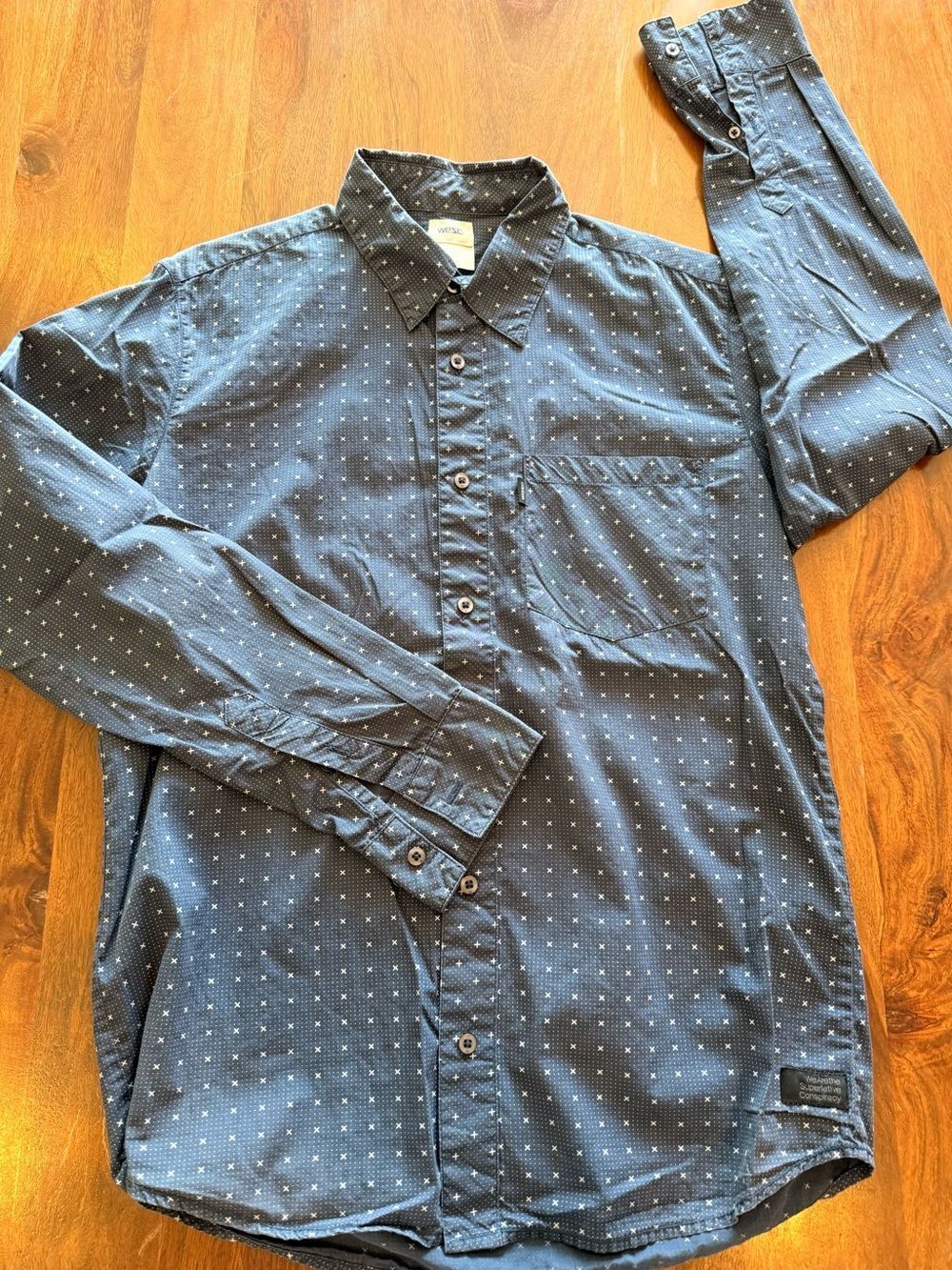 Wesc Men's Navy Blue Micro-Dot Long Sleeve Button-Down Shirt
